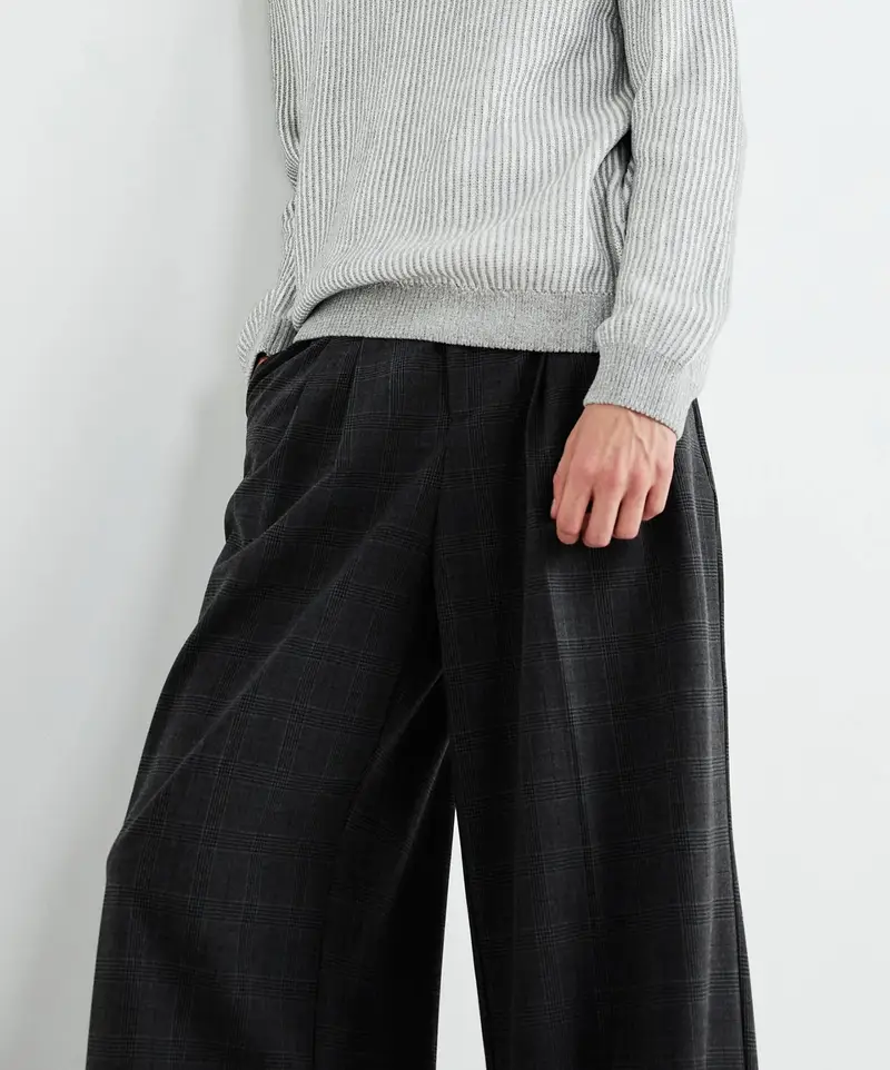 Plaid Pleated Wide Trousers Dark Grey (Unisex)