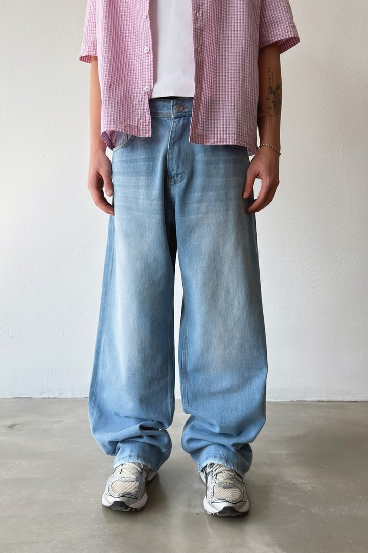 BLUE Striped Distressed Baggy Jeans