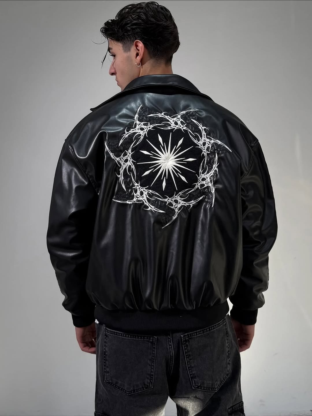 Dark star embroidered leather jacket
