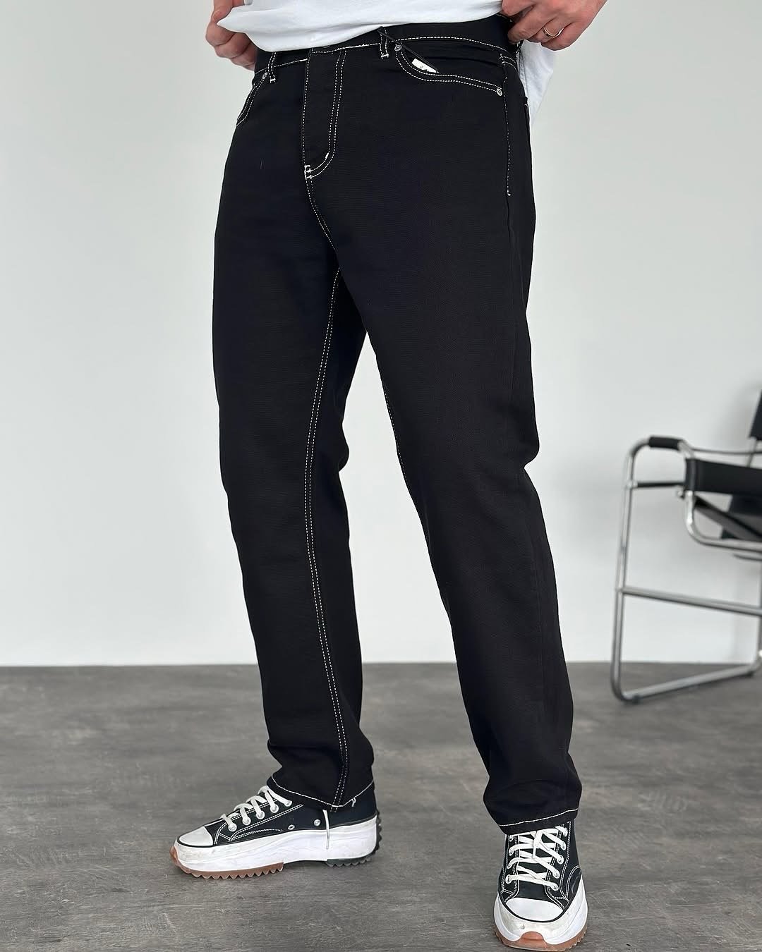 Straight Fit White Stitch Detailed Jean Pants Black