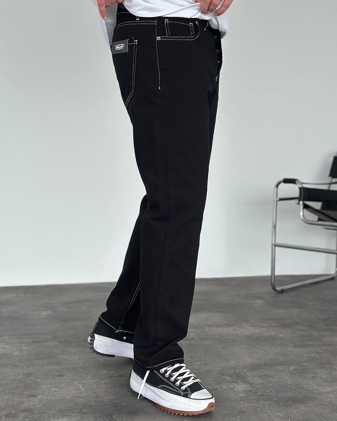 Straight Fit White Stitch Detailed Jean Pants Black