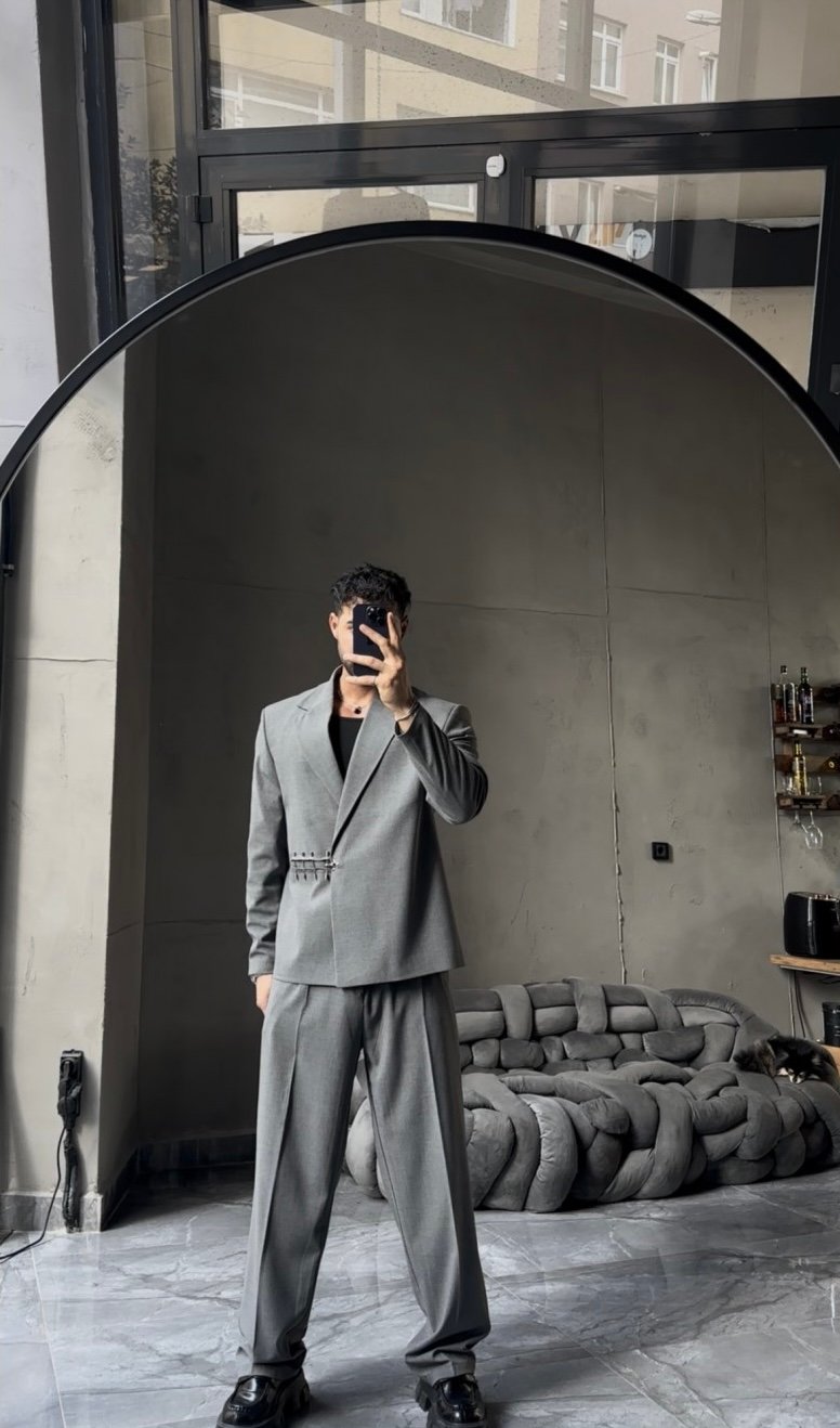 SPECIAL DESIGN OVERSIZE SIDE HOOK DETAILED SUIT GRAY