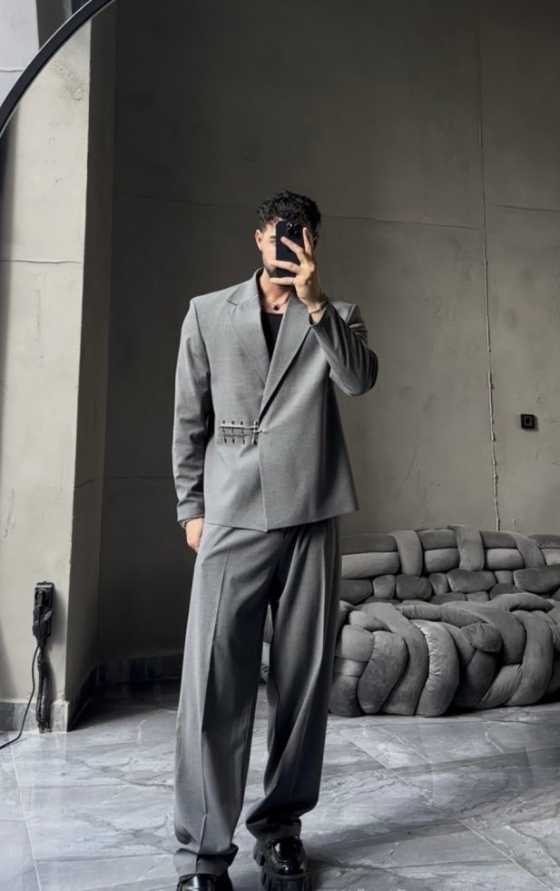 SPECIAL DESIGN OVERSIZE SIDE HOOK DETAILED SUIT GRAY