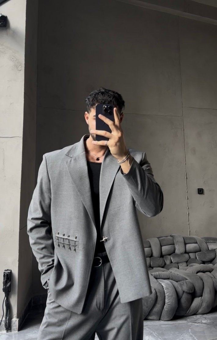 SPECIAL DESIGN OVERSIZE SIDE HOOK DETAILED SUIT GRAY