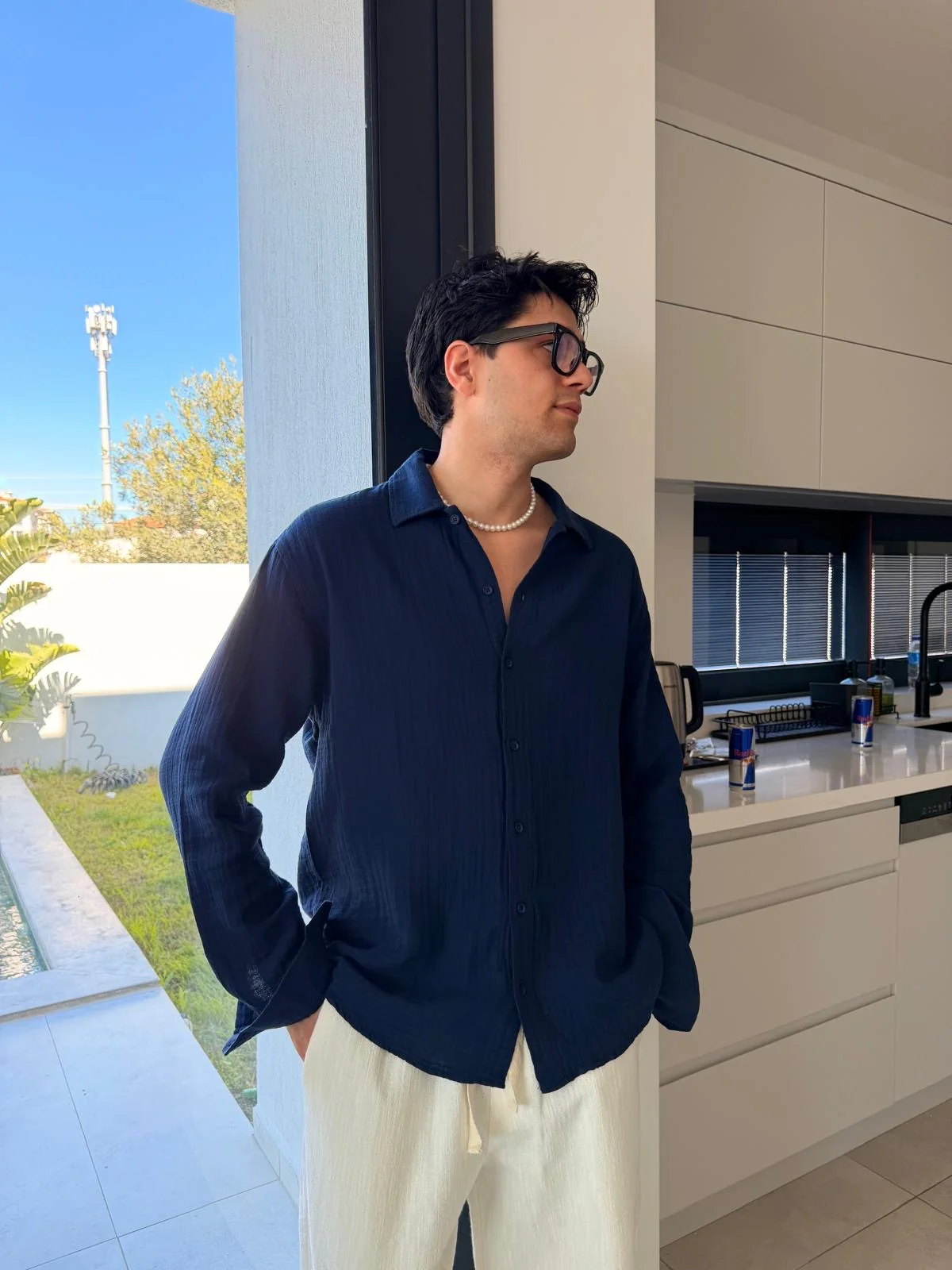 Navy bleu Linen Shirt