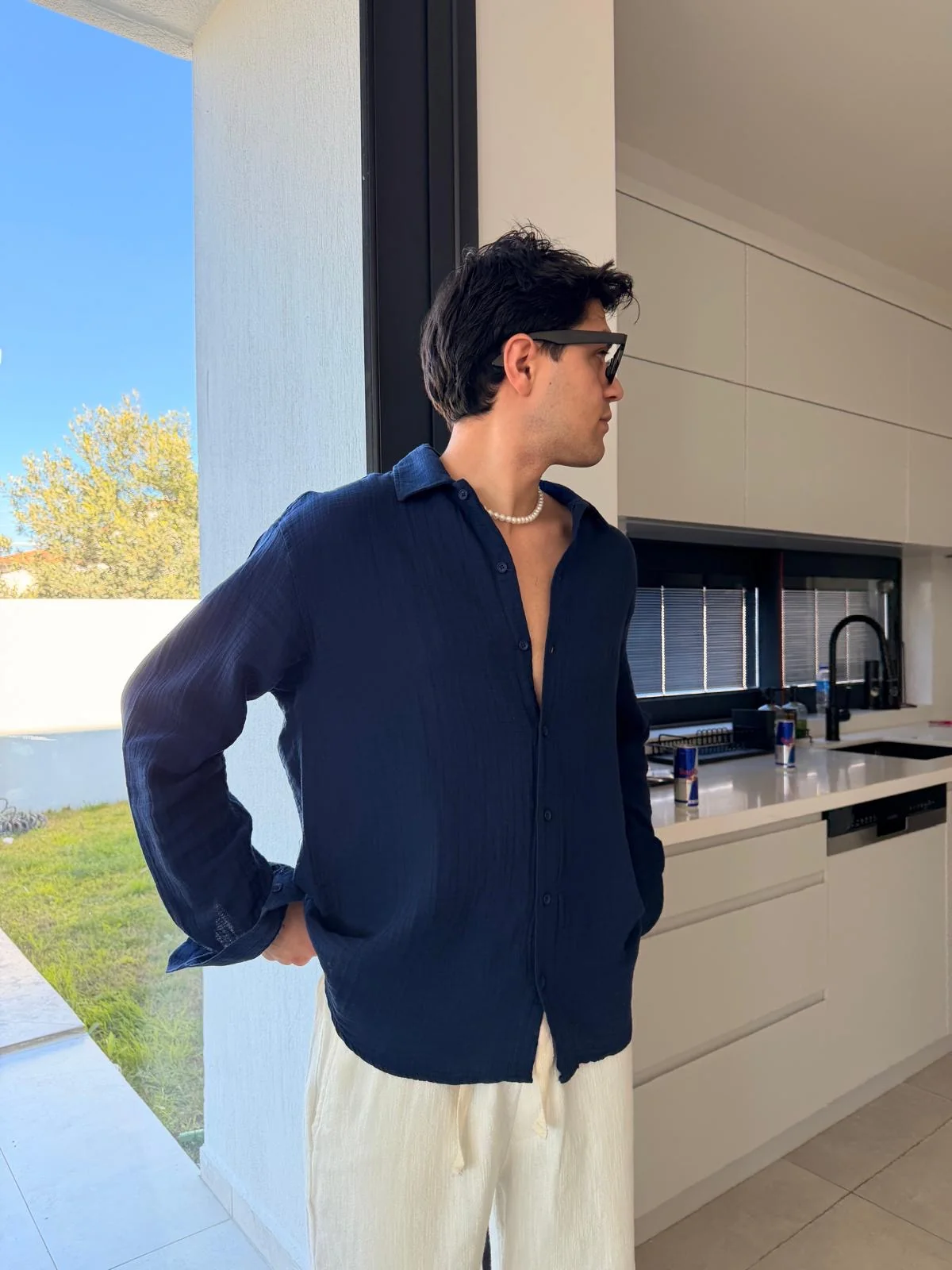 Navy bleu Linen Shirt