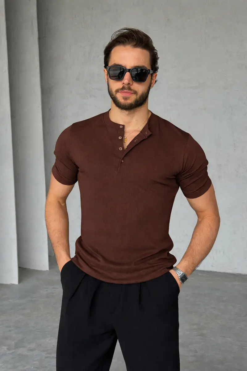 Brown henley shirt short sleeves