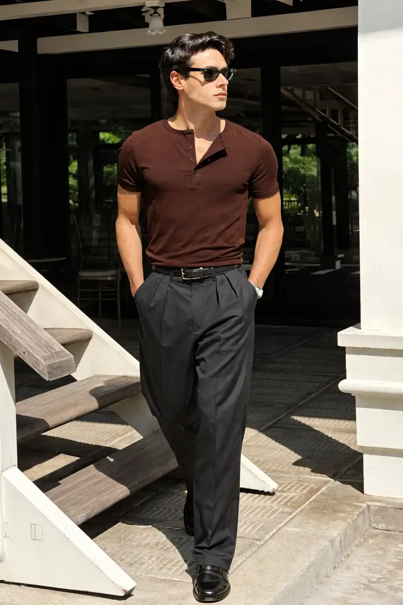 Brown henley shirt short sleeves