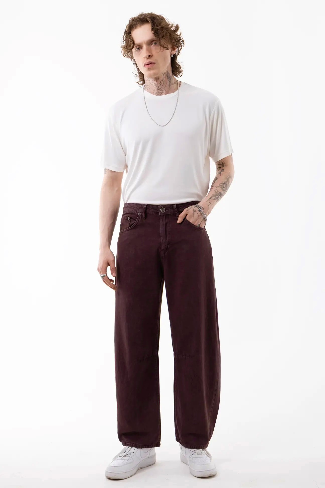Faded burgundy acid-washed gabardine pants