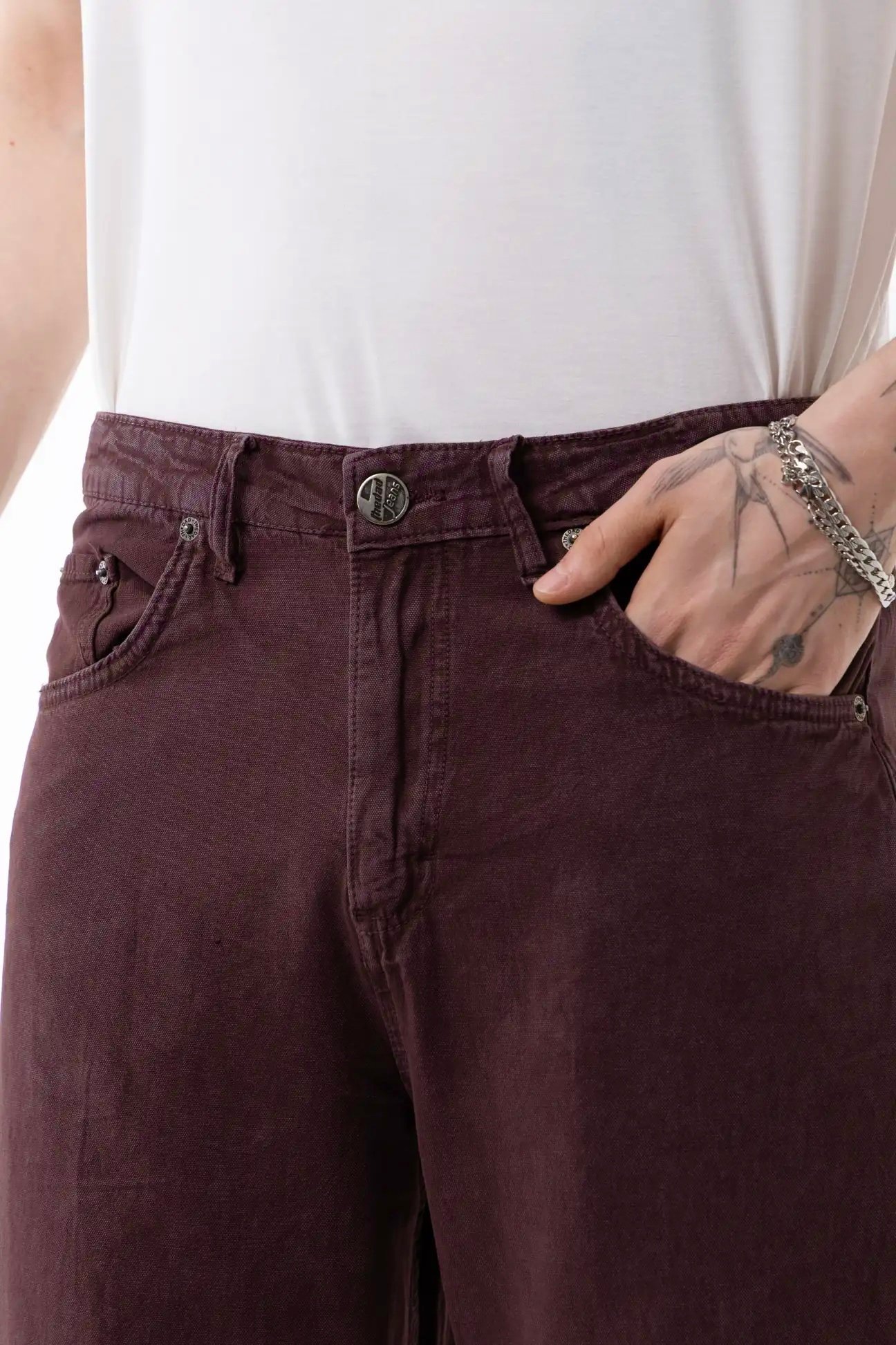Faded burgundy acid-washed gabardine pants