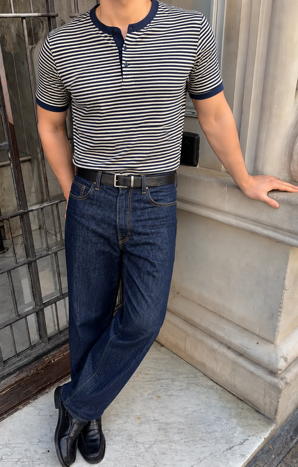 Navy blue stripes henley shirt